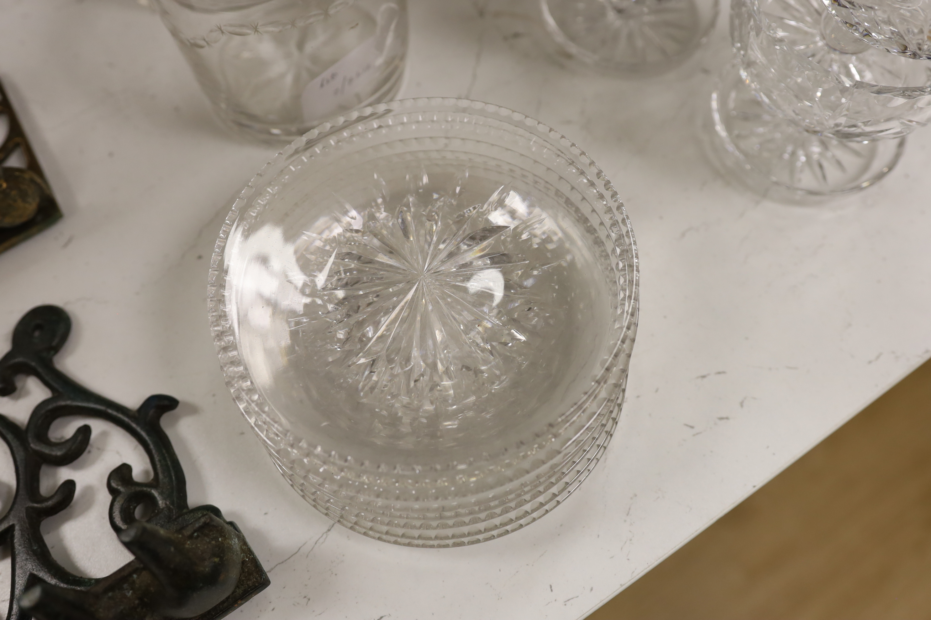 A pair of JG Durand vases, eight sundae glasses and plates, a pedestal bowl and two rinsers